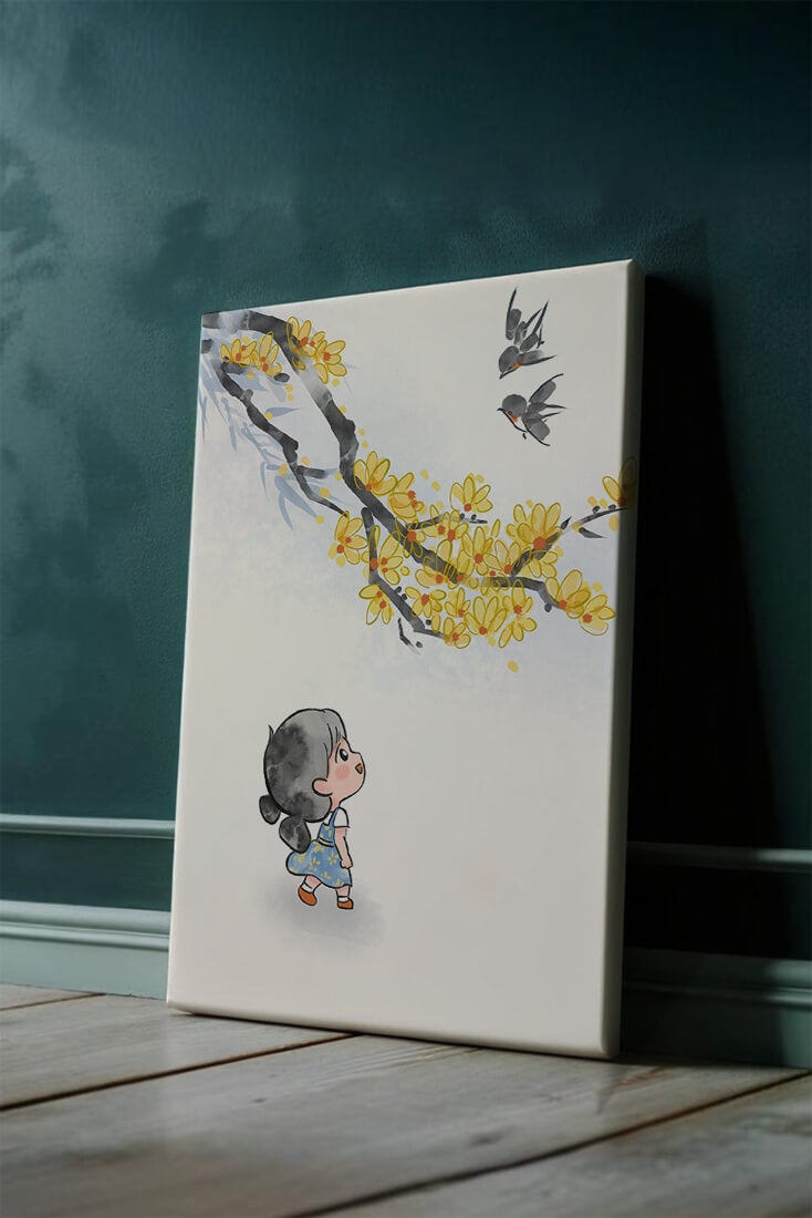 Charming illustration of a child gazing at birds and yellow blossoms