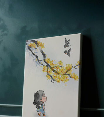 Charming illustration of a child gazing at birds and yellow blossoms