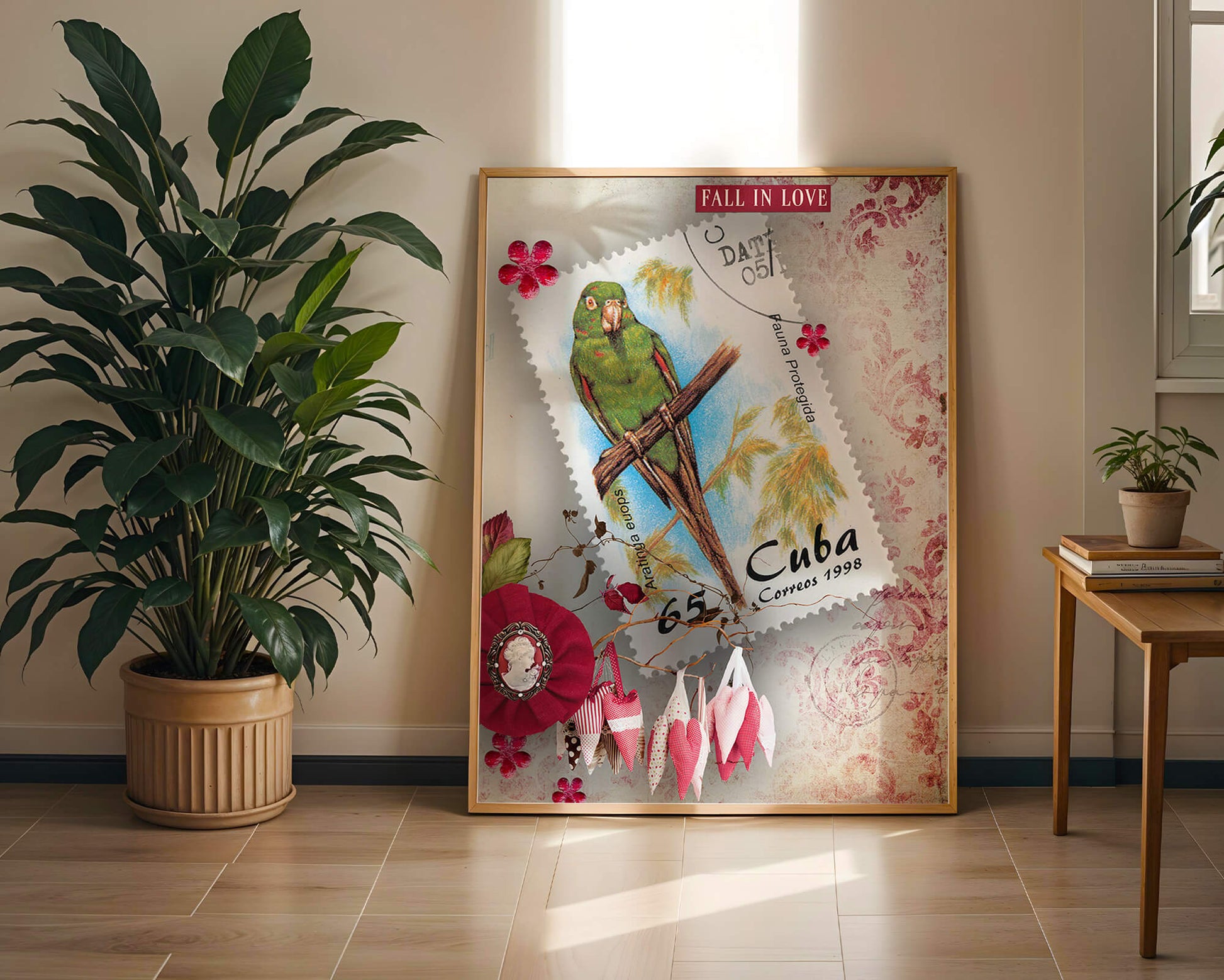 Vintage Cuban parrot stamp with romantic decorations