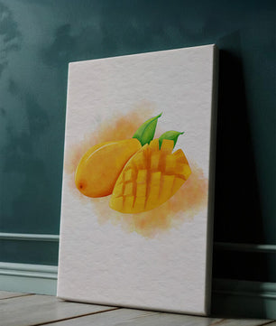 Watercolor depiction of a ripe mango with leaves on textured background