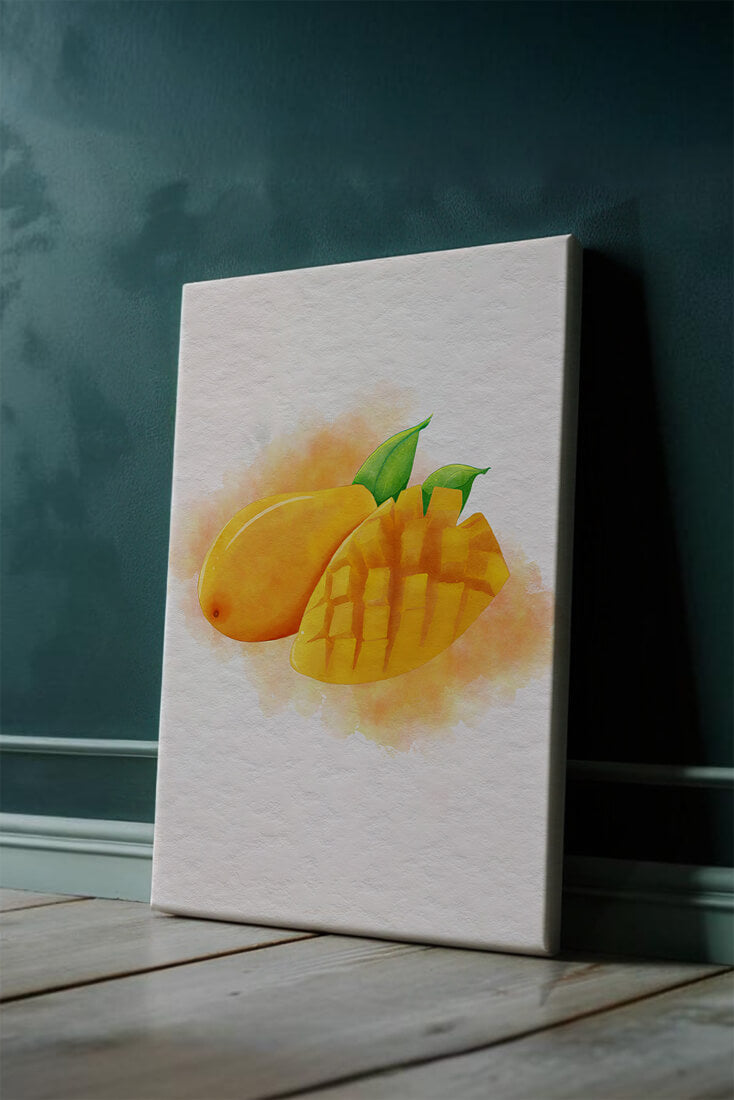 Watercolor depiction of a ripe mango with leaves on textured background