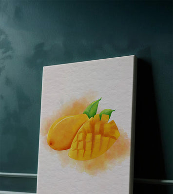 Watercolor depiction of a ripe mango with leaves on textured background