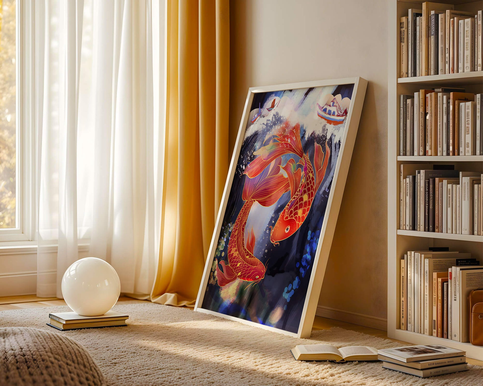 Representación artística de peces koi nadando con barcos en colores vibrantes.