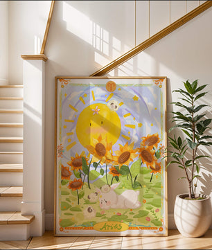 Ilustración encantadora de Aries con animales juguetones y girasoles