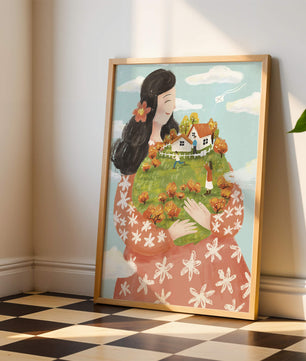 Femme fantaisiste tenant un paysage miniature avec famille et maisons