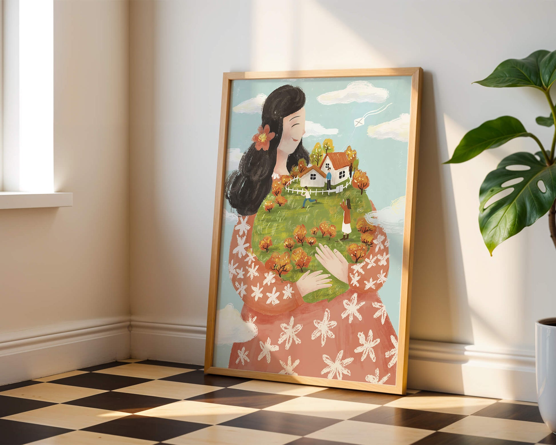 Whimsical Woman Holding Miniature Landscape with Family and Houses