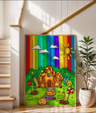 Whimsical candy house in a vibrant rainbow landscape