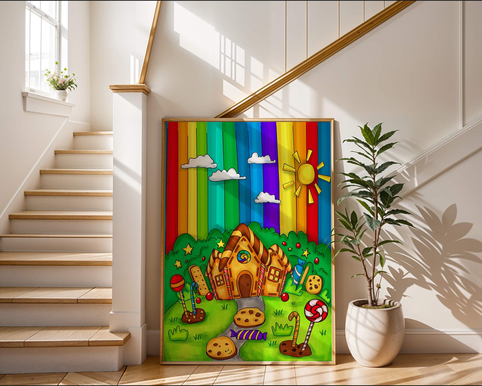 Whimsical candy house in a vibrant rainbow landscape