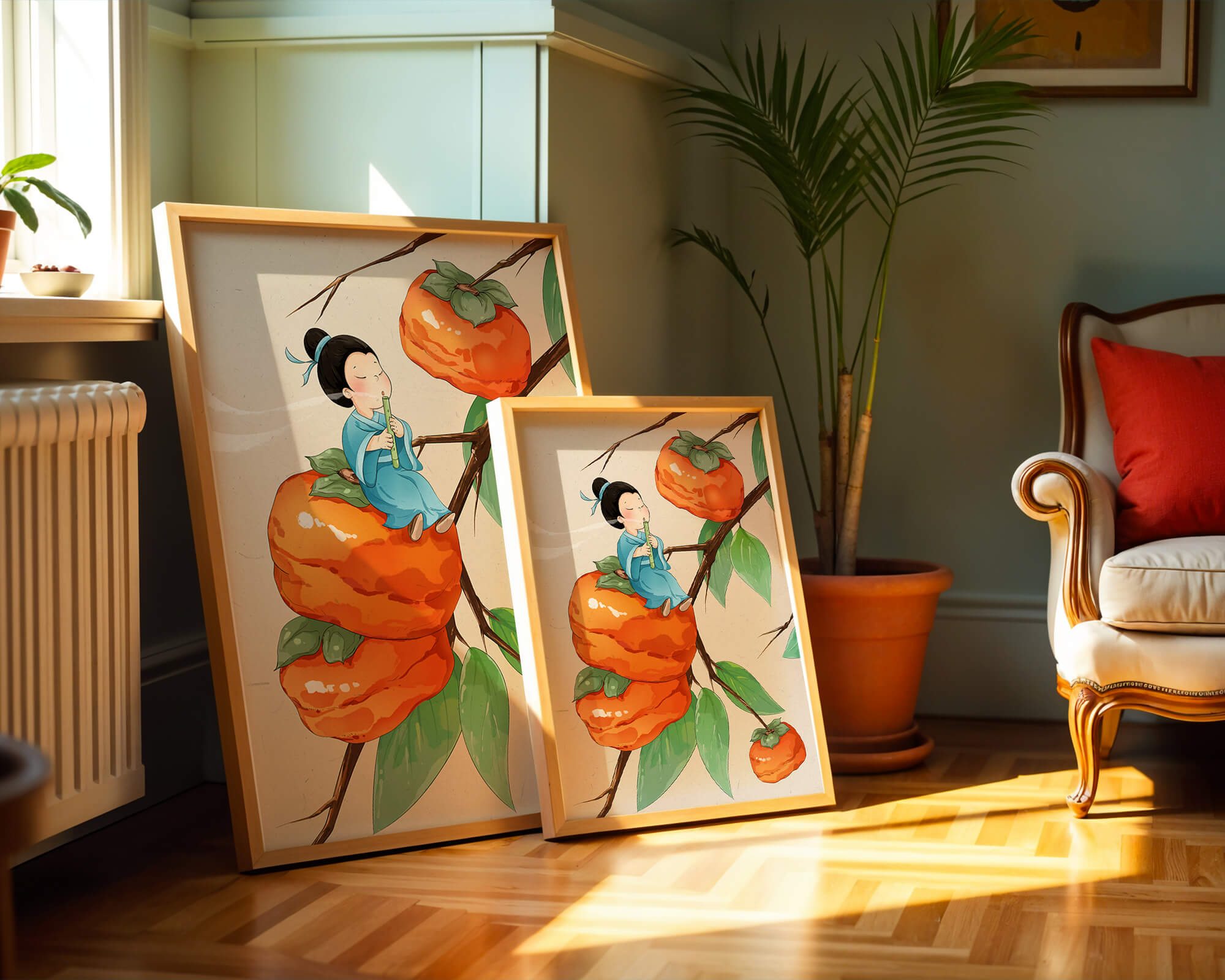Child playing flute on persimmon-filled tree in whimsical illustration