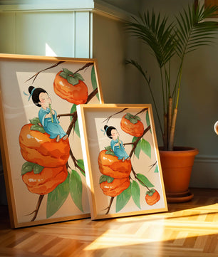 Child playing flute on persimmon-filled tree in whimsical illustration
