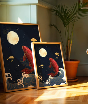 Traditional Japanese koi fish art with moonlit waves and clouds