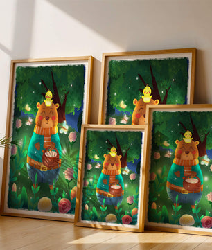 Charming bear in a colorful garden with flowers and fireflies