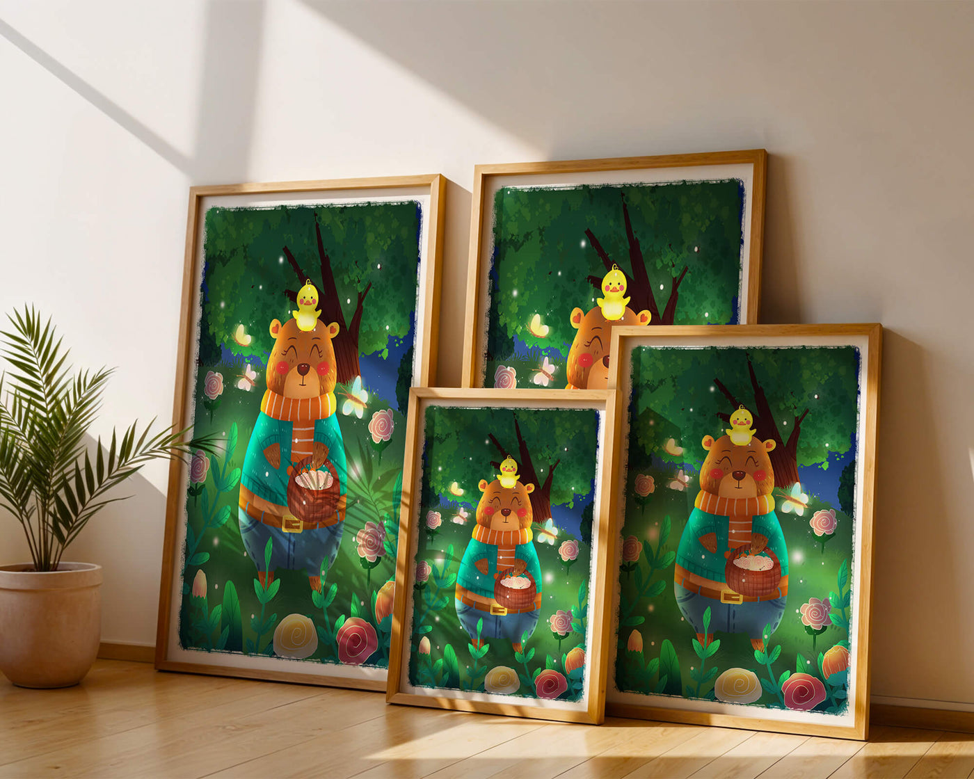Charming bear in a colorful garden with flowers and fireflies