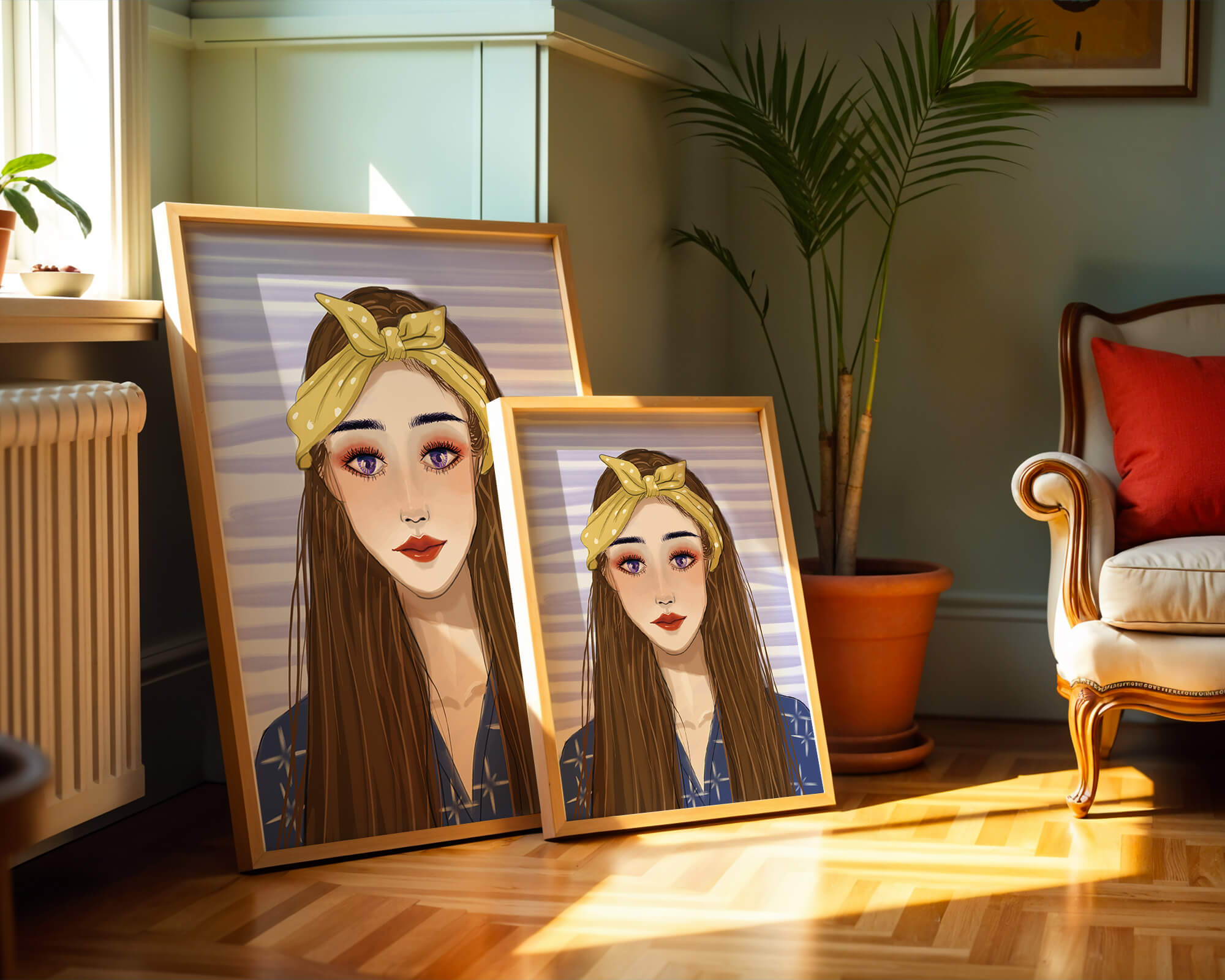 Illustration of a woman with a yellow headband against a striped background
