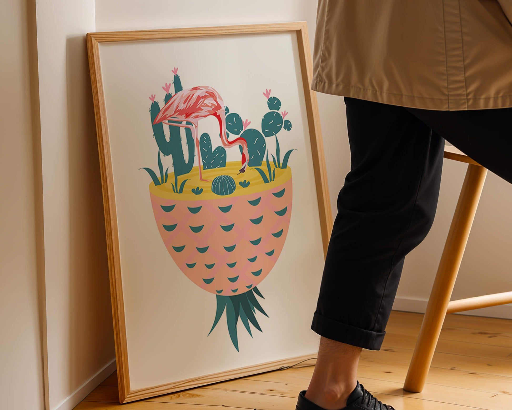 Ilustración de flamenco con cactus en jarrón de piña