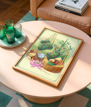 Traditional Asian tea set with bamboo and dumplings