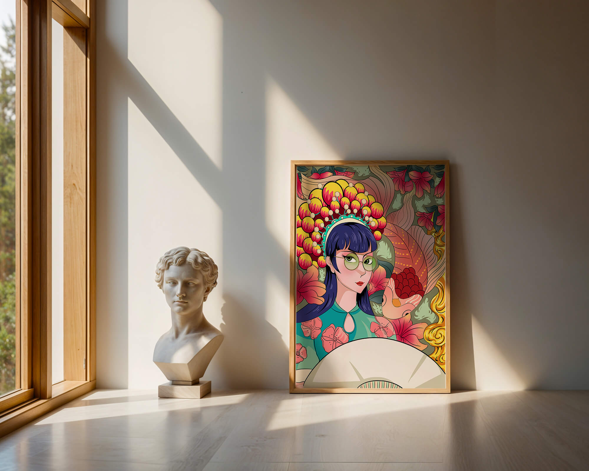 Colorful illustration of a woman with floral headdress and fish background