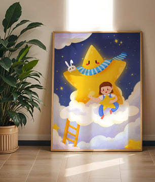 Enfant fantaisiste assis sur un nuage avec une étoile et un lapin dans le ciel nocturne