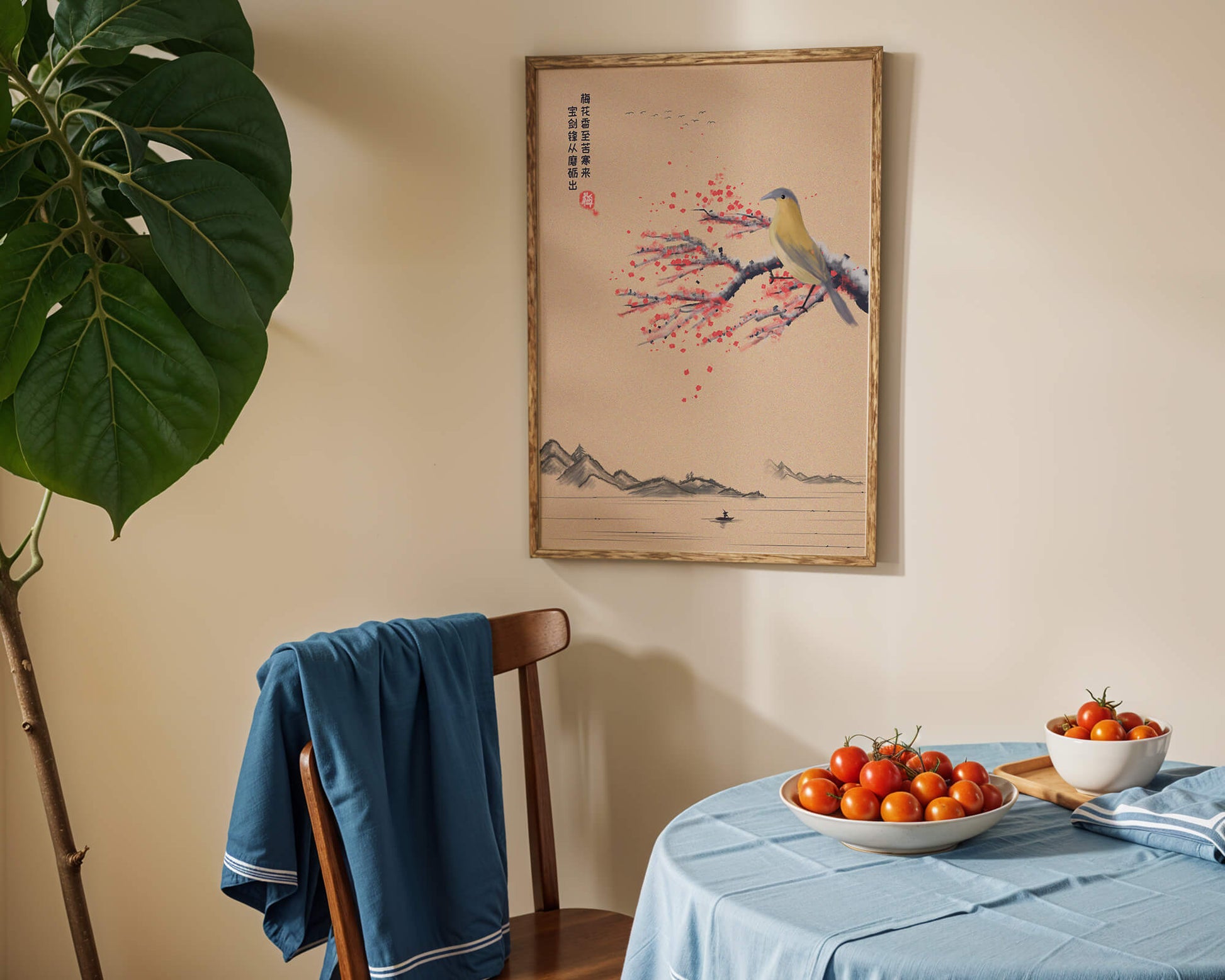 Traditional Chinese painting with bird and blossom branch over tranquil landscape