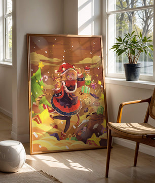 Festive anime character surrounded by gifts and holiday decor