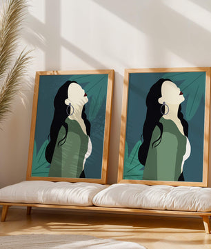 Stylized artwork of a woman with dark hair and earrings against a tropical leaf backdrop