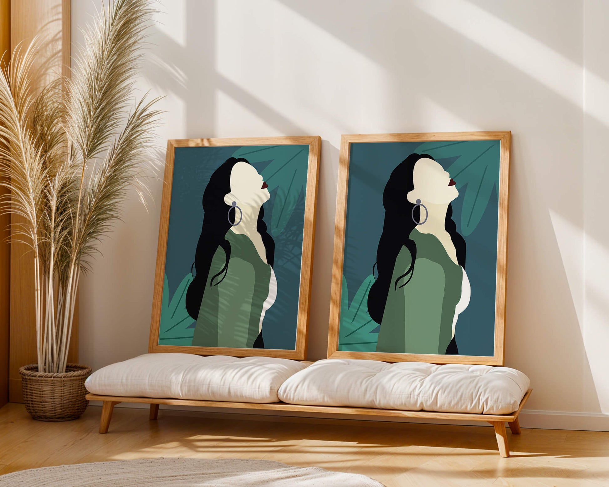 Stylized artwork of a woman with dark hair and earrings against a tropical leaf backdrop