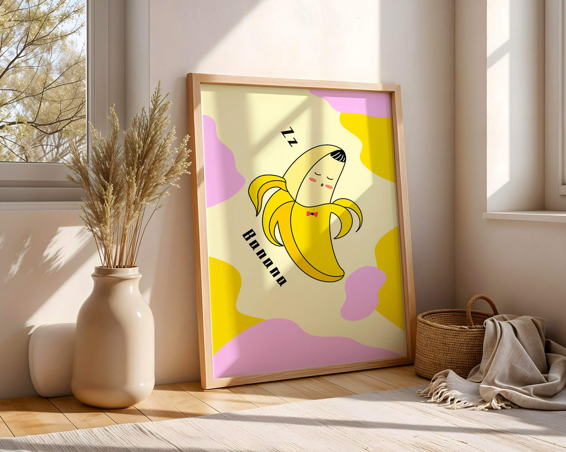Playful illustration of a sleeping banana with colorful abstract background