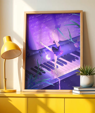 Graceful Ballerina Dancing on Piano Amidst Flowers and Musical Notes