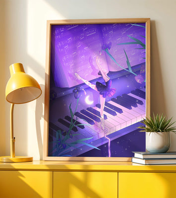Graceful Ballerina Dancing on Piano Amidst Flowers and Musical Notes