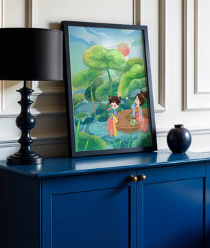 Charming illustration of children on a boat in a lush lotus pond
