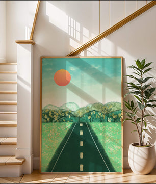 Serene Landscape with Road Leading to Sunset and Lush Greenery