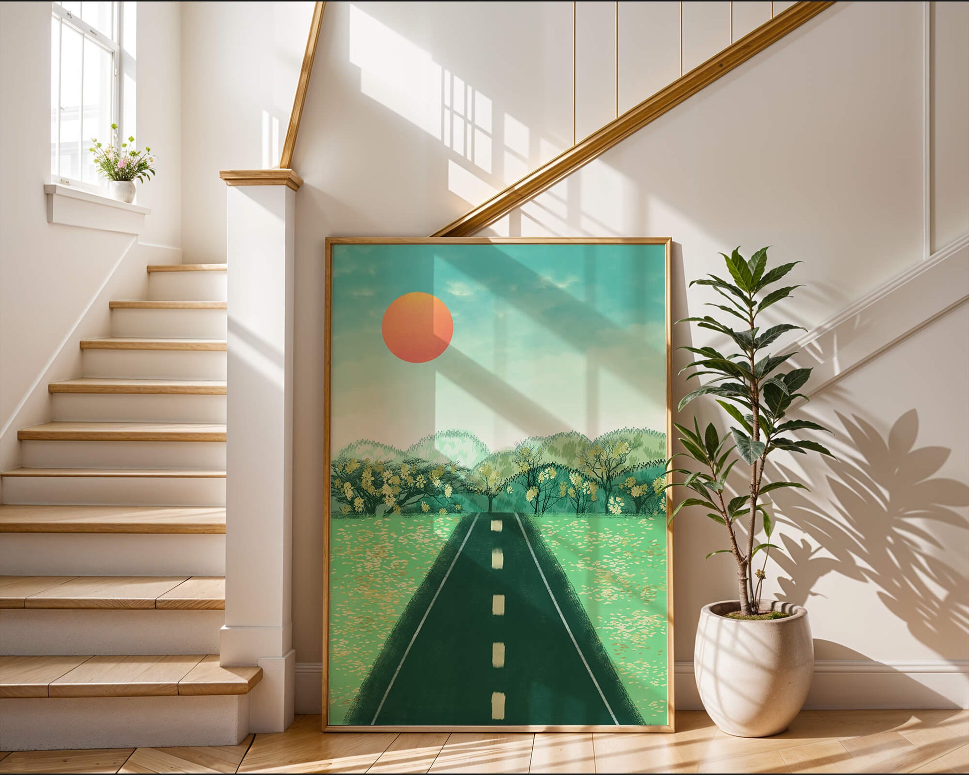 Serene Landscape with Road Leading to Sunset and Lush Greenery