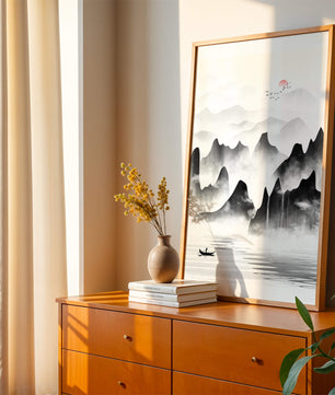Peaceful mountain landscape with mist and rising sun