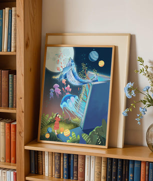 Vida oceánica surrealista emergiendo de un libro en una escena forestal onírica