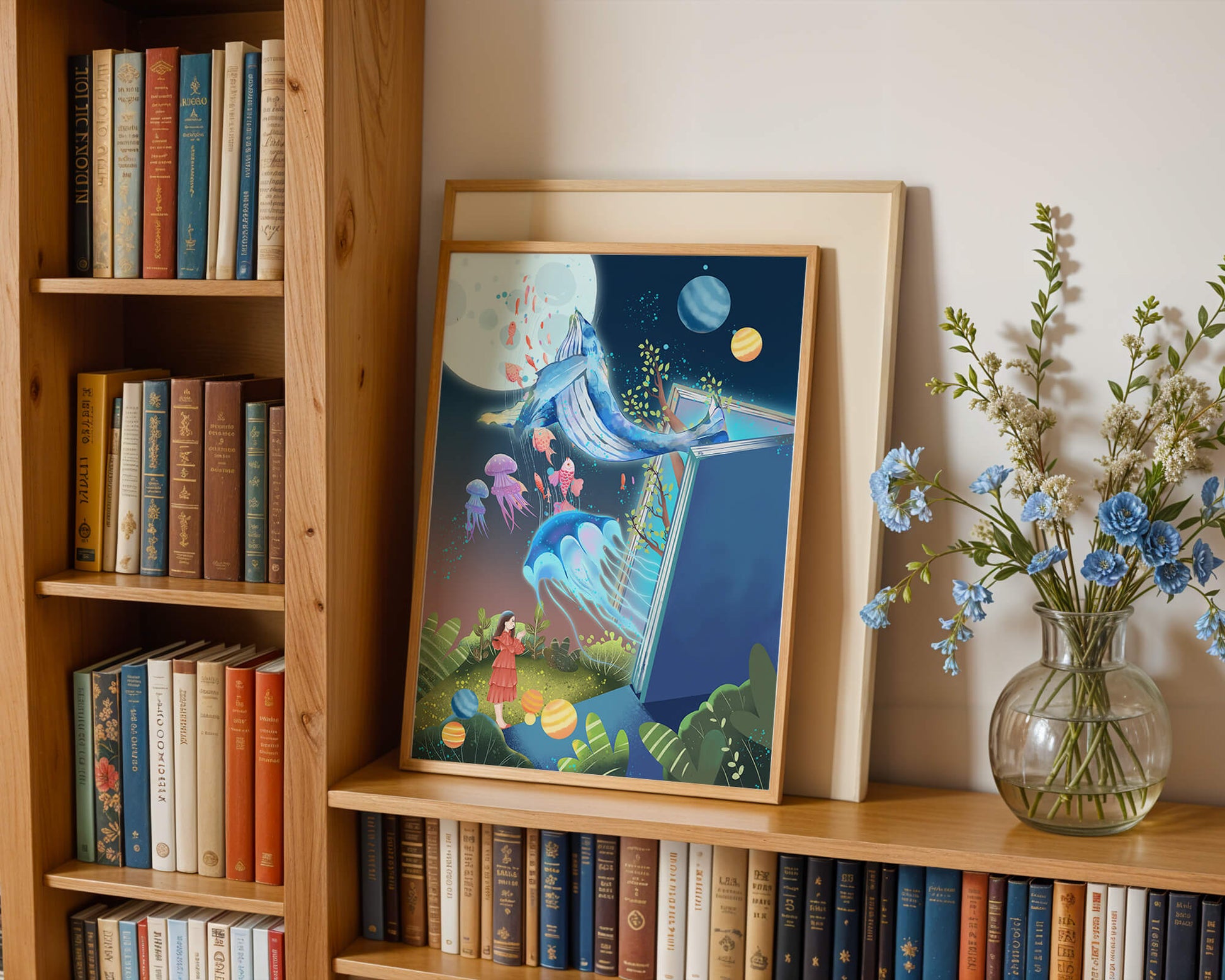 Surreal Ocean Life Emerging From a Book in a Dreamlike Forest Scene