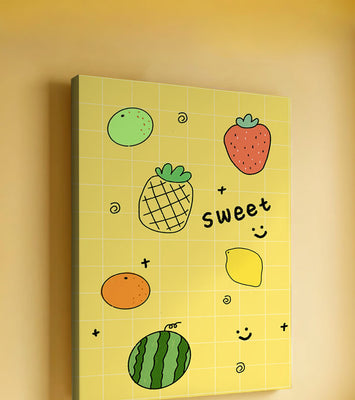 Playful fruit pattern on yellow grid background