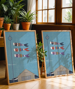Colorful Koi Nobori Fish Flags Against Blue Sky