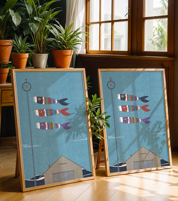 Colorful Koi Nobori Fish Flags Against Blue Sky