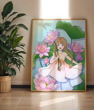 Illustration fantaisiste d'une jeune fille aux cheveux tressés parmi des fleurs de lotus