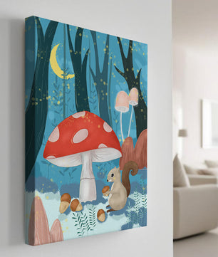 Wunderliche Waldszene mit Eichhörnchen und Pilzen im Mondlicht