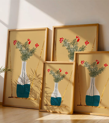 Vase with Red Flowers and Golden Accents