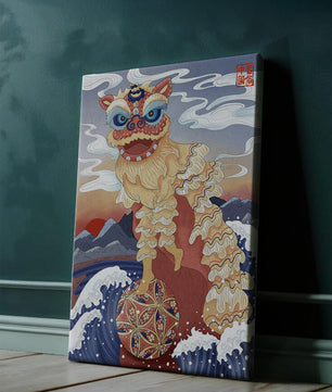 Traditionelle chinesische Löwentanzkunst mit malerischem Hintergrund