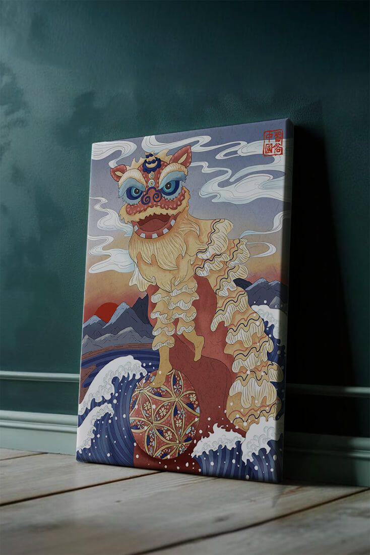 Traditionelle chinesische Löwentanzkunst mit malerischem Hintergrund