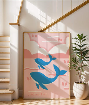 Playful whales illustration in pastel pink and blue