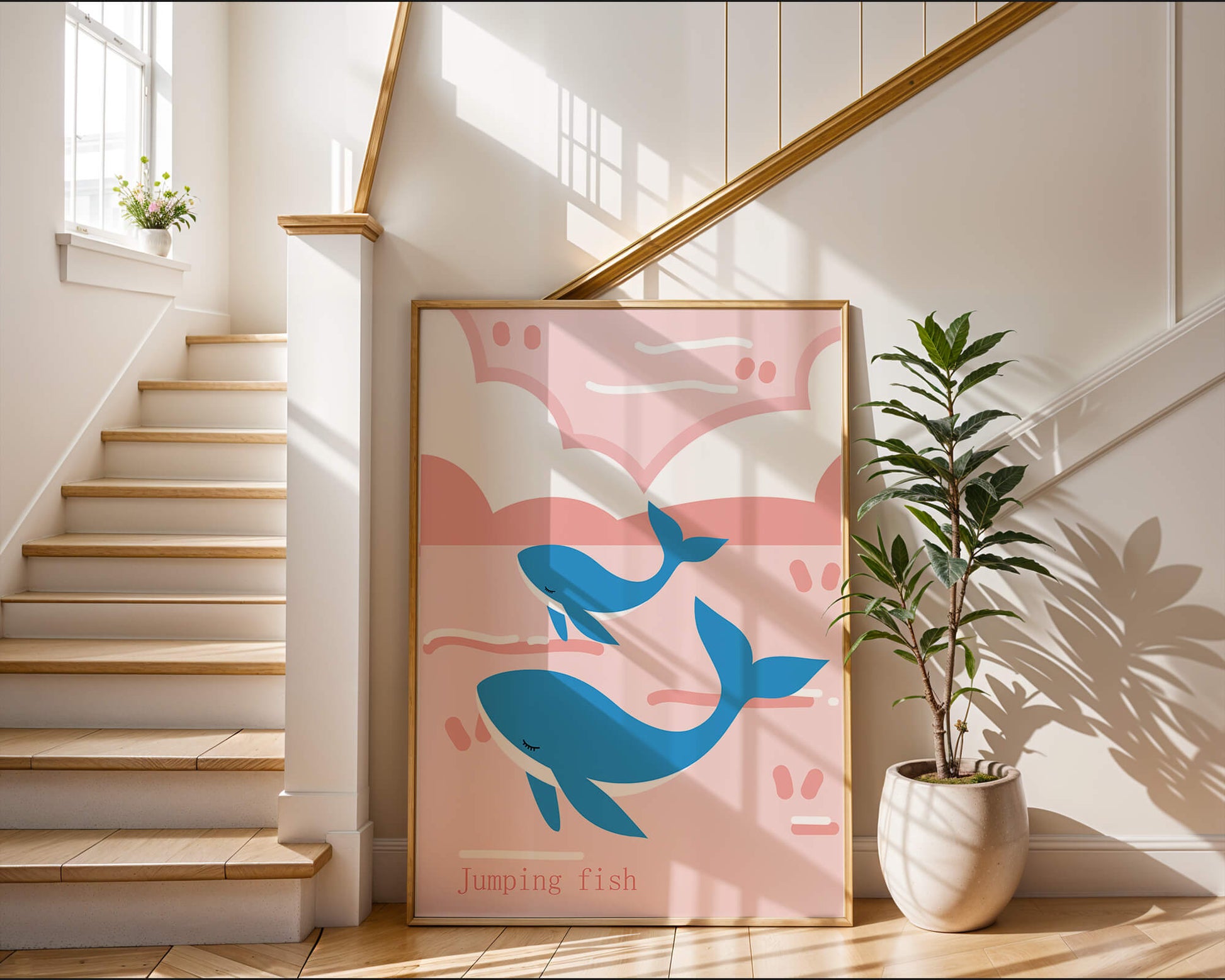 Playful whales illustration in pastel pink and blue