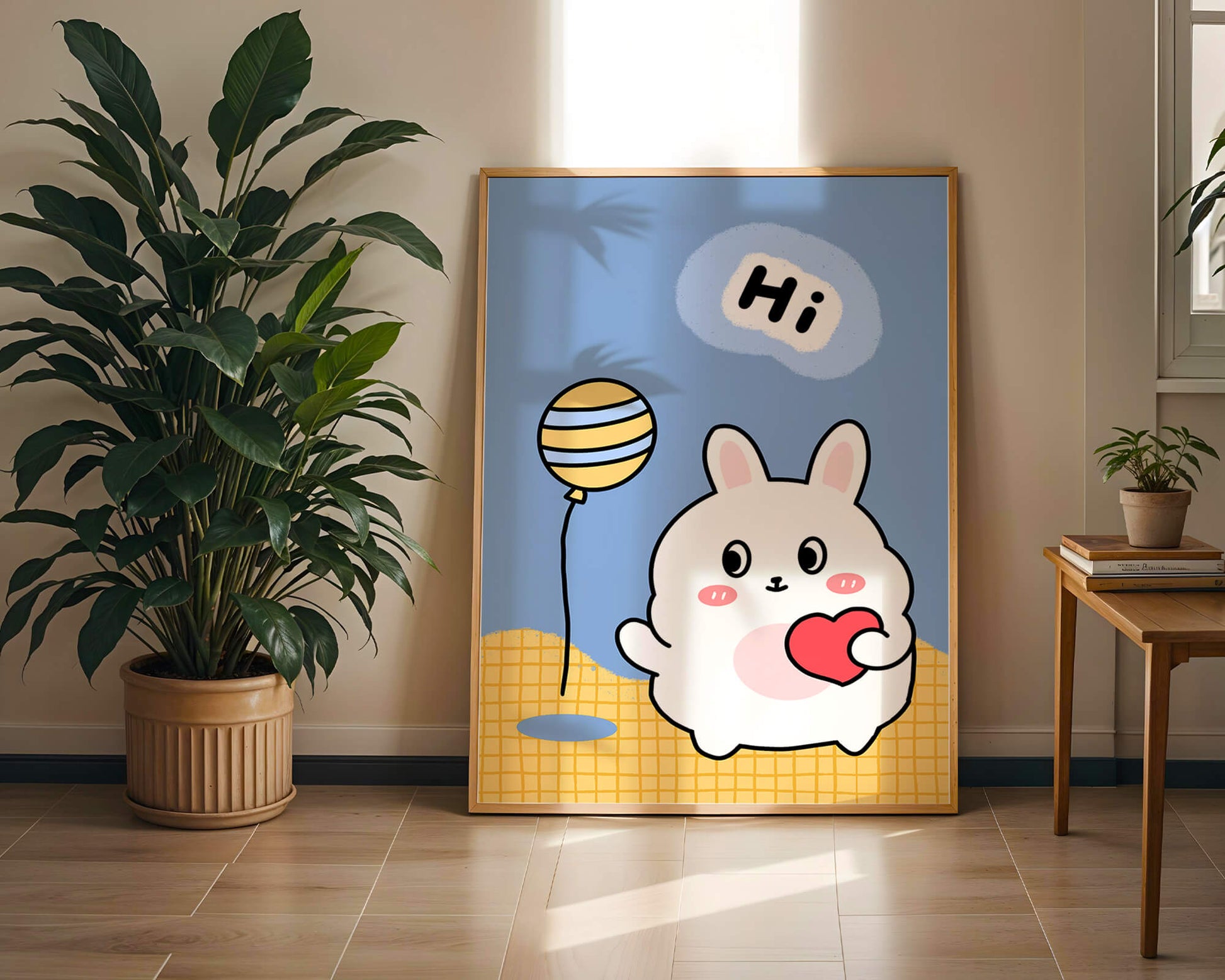 Adorable cartoon bunny with balloon and heart illustration