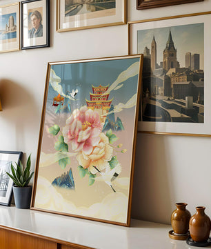 Elegant Asian Landscape With Pagoda, Cranes, and Peonies
