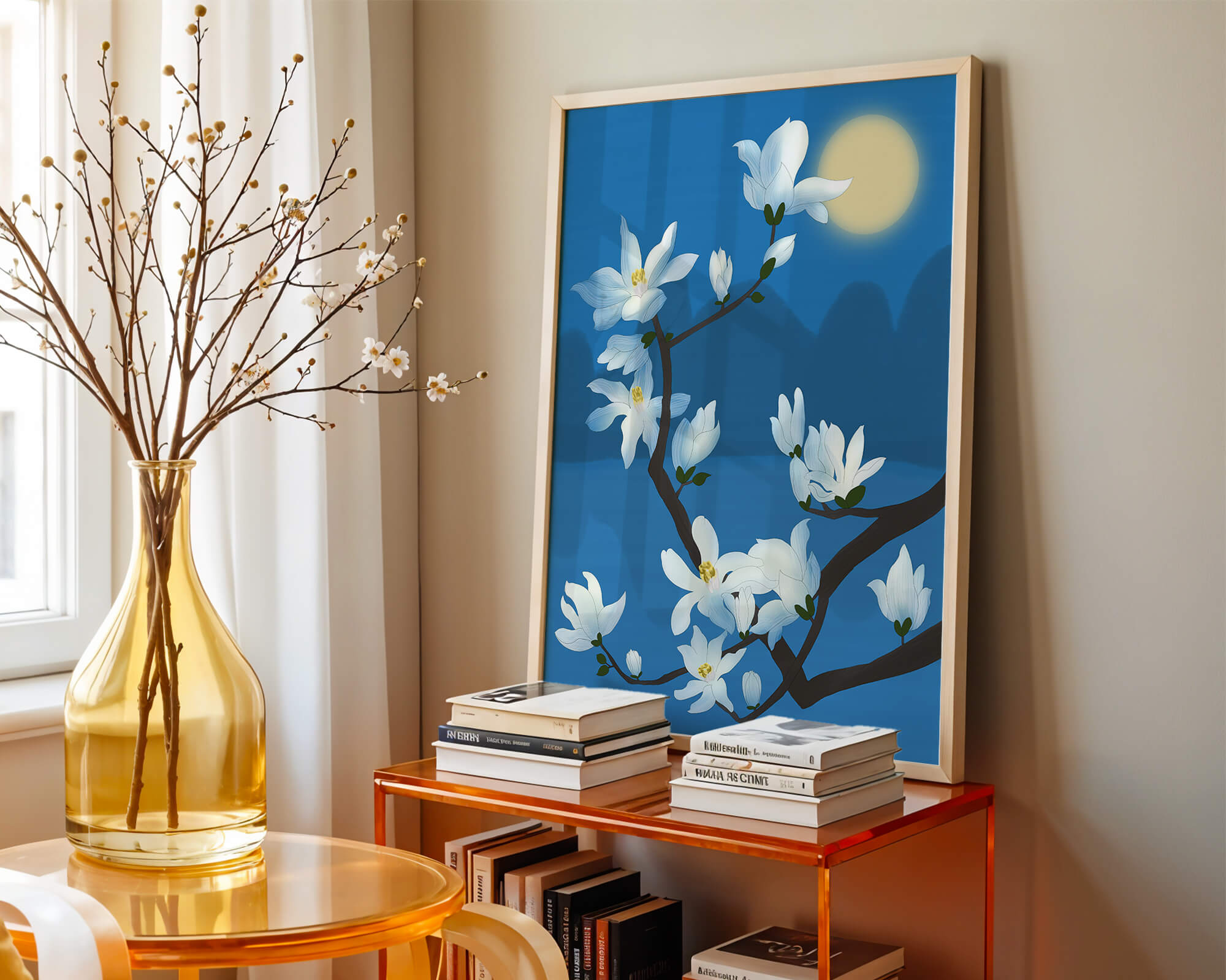 White magnolia branch under moonlight with blue background