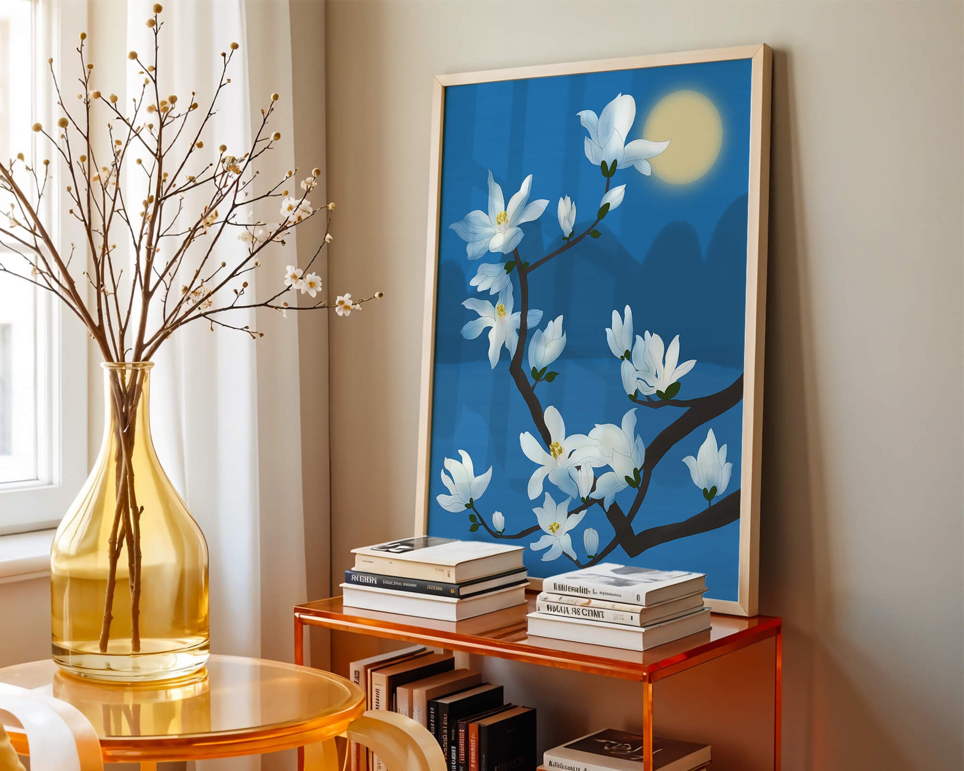 White magnolia branch under moonlight with blue background