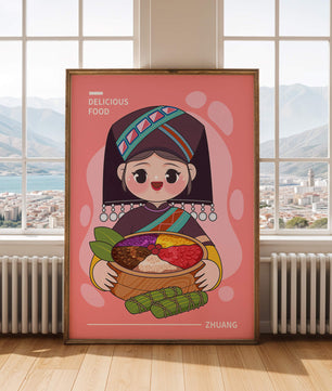 Personnage de dessin animé charmant en tenue traditionnelle tenant un panier de nourriture coloré